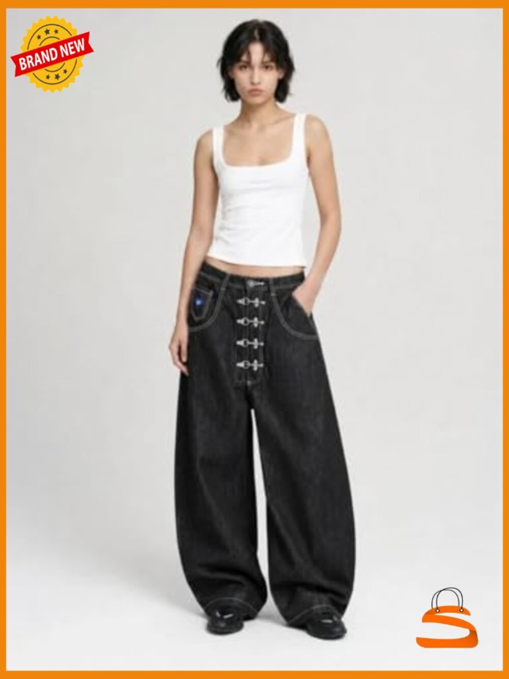 Metal Button Raw Barrel Jeans Baggy Wide Leg Denim Y2K Streetwear Pants - Picture 5 of 7